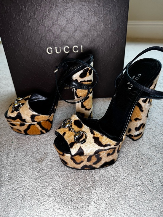 Gucci Shoes - Gucci Leopard Platform Peep-Toe Heels With Gold Hardware Accent & Strap